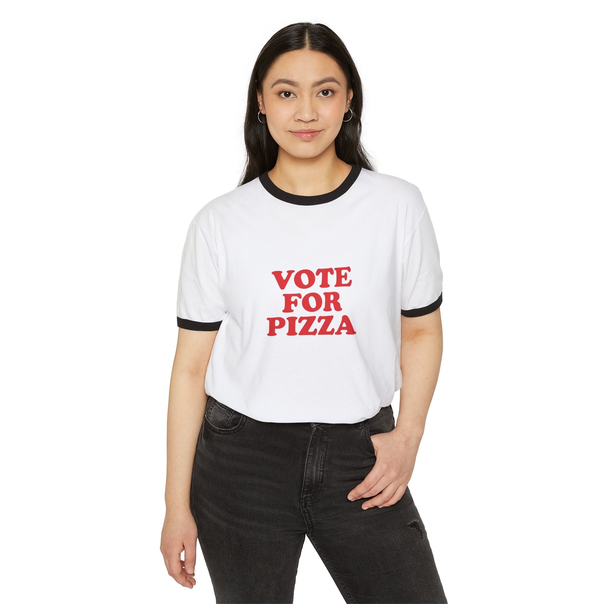 “Vote For Pizza” Unisex Cotton Ringer T-Shirt — HUMORWEAR ETC.